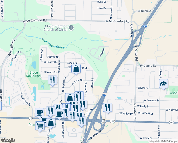 map of restaurants, bars, coffee shops, grocery stores, and more near 2949 West Sycamore Street in Fayetteville