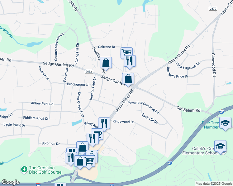 map of restaurants, bars, coffee shops, grocery stores, and more near 1401 Lambs Lane in Kernersville