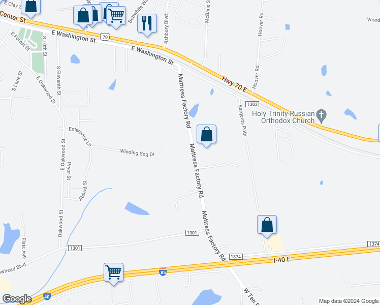 map of restaurants, bars, coffee shops, grocery stores, and more near 511 Mattress Factory Road in Mebane