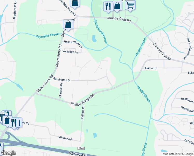 map of restaurants, bars, coffee shops, grocery stores, and more near 5733 Remington Drive in Winston-Salem