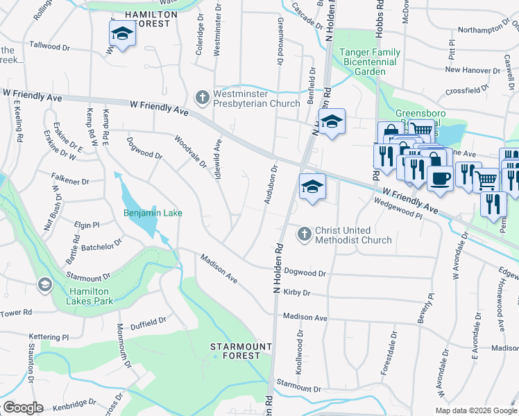 map of restaurants, bars, coffee shops, grocery stores, and more near 525 Audubon Drive in Greensboro