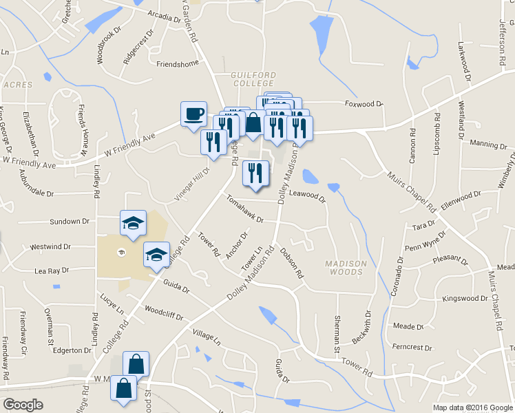 map of restaurants, bars, coffee shops, grocery stores, and more near 5606 Tomahawk Drive in Greensboro
