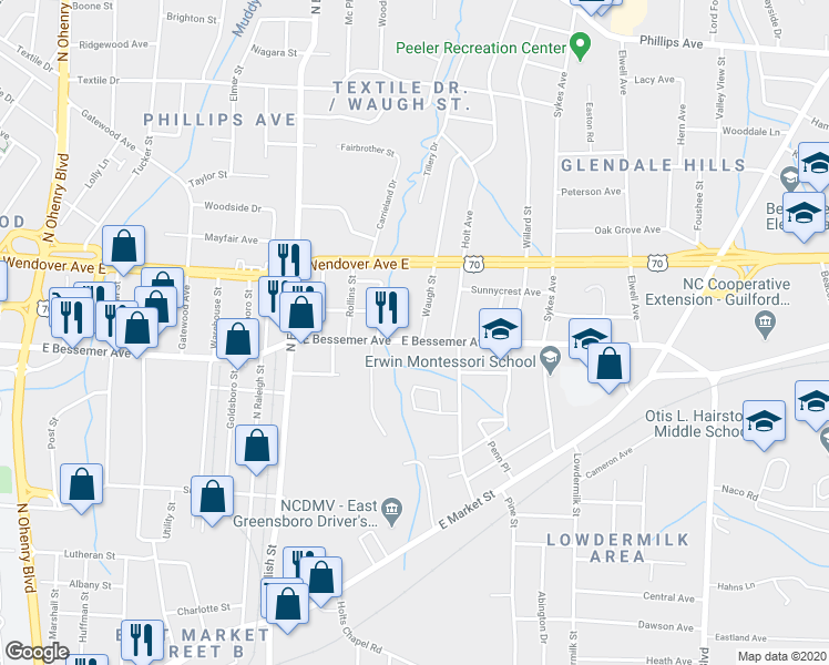 map of restaurants, bars, coffee shops, grocery stores, and more near 2615 East Bessemer Avenue in Greensboro