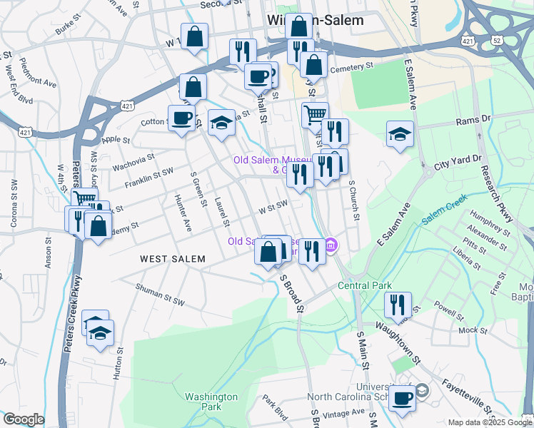 map of restaurants, bars, coffee shops, grocery stores, and more near 521 West Street Southwest in Winston-Salem