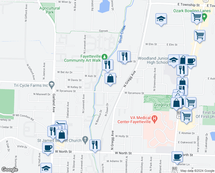map of restaurants, bars, coffee shops, grocery stores, and more near 622 West Sycamore Street in Fayetteville