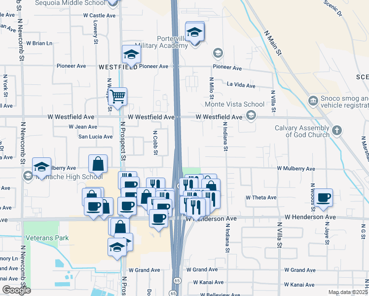 map of restaurants, bars, coffee shops, grocery stores, and more near 1081 Stonegate Cove Drive in Porterville