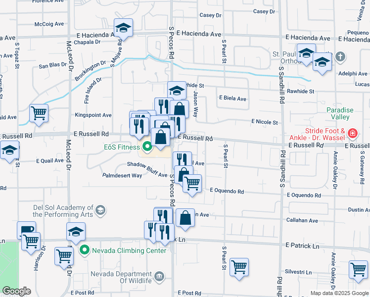 map of restaurants, bars, coffee shops, grocery stores, and more near 3425 East Russell Road in Las Vegas