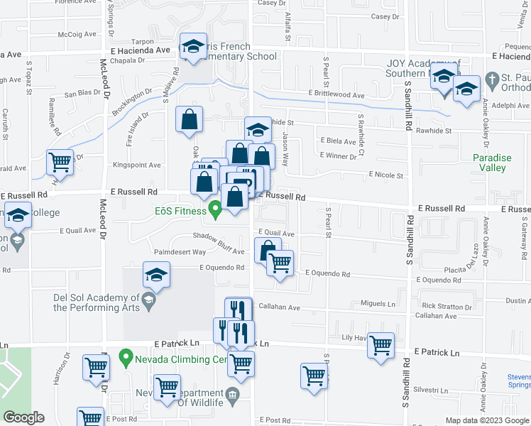 map of restaurants, bars, coffee shops, grocery stores, and more near 3425 East Russell Road in Las Vegas