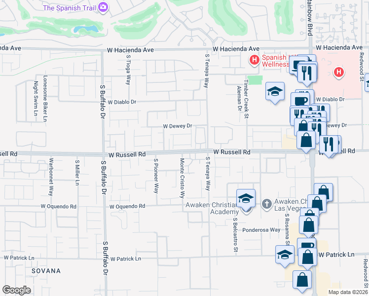 map of restaurants, bars, coffee shops, grocery stores, and more near 7316 West Russell Road in Las Vegas
