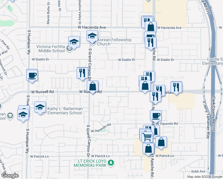 map of restaurants, bars, coffee shops, grocery stores, and more near 9620 West Russell Road in Las Vegas