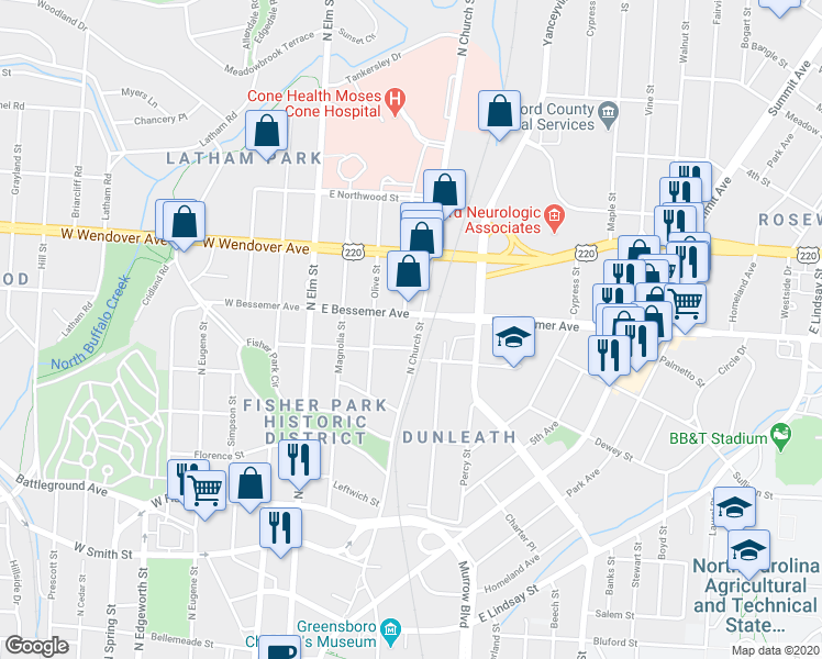 map of restaurants, bars, coffee shops, grocery stores, and more near 857 North Church Street in Greensboro