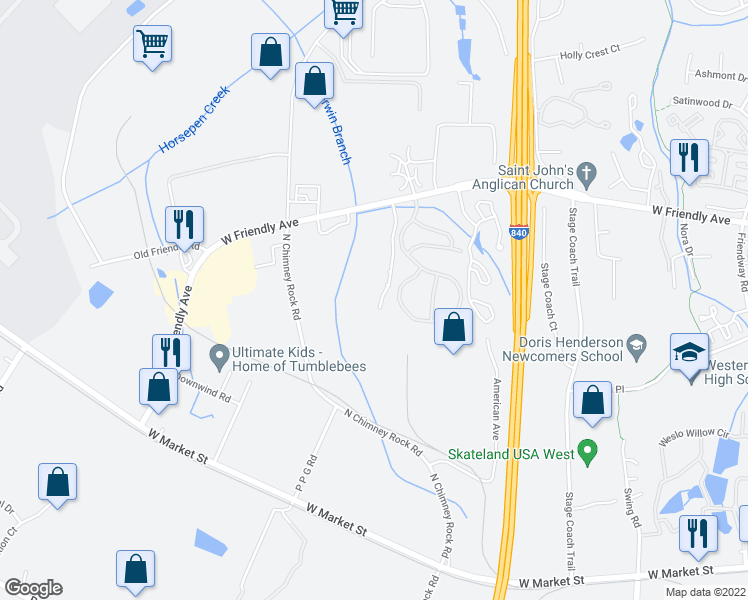 map of restaurants, bars, coffee shops, grocery stores, and more near 7147 West Friendly Avenue in Greensboro