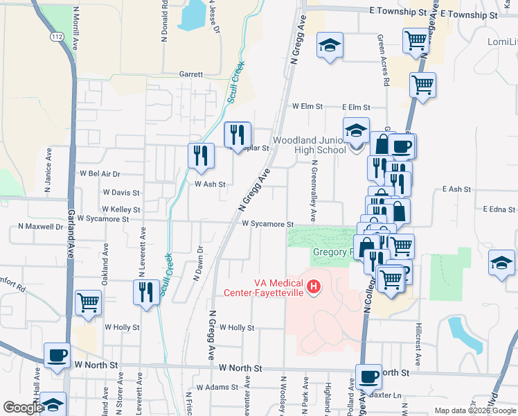 map of restaurants, bars, coffee shops, grocery stores, and more near 1740 North Gregg Avenue in Fayetteville