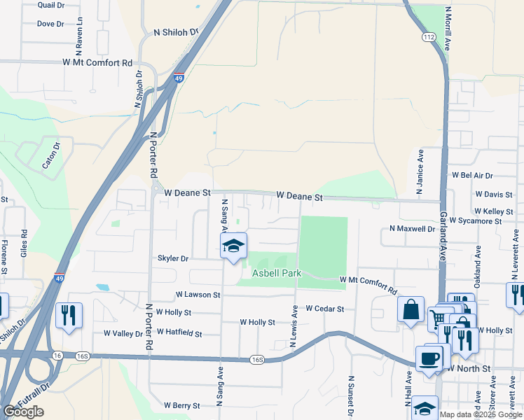 map of restaurants, bars, coffee shops, grocery stores, and more near 1759 North Shamblin Avenue in Fayetteville