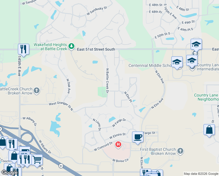 map of restaurants, bars, coffee shops, grocery stores, and more near 3209 North Battlecreek Drive in Broken Arrow