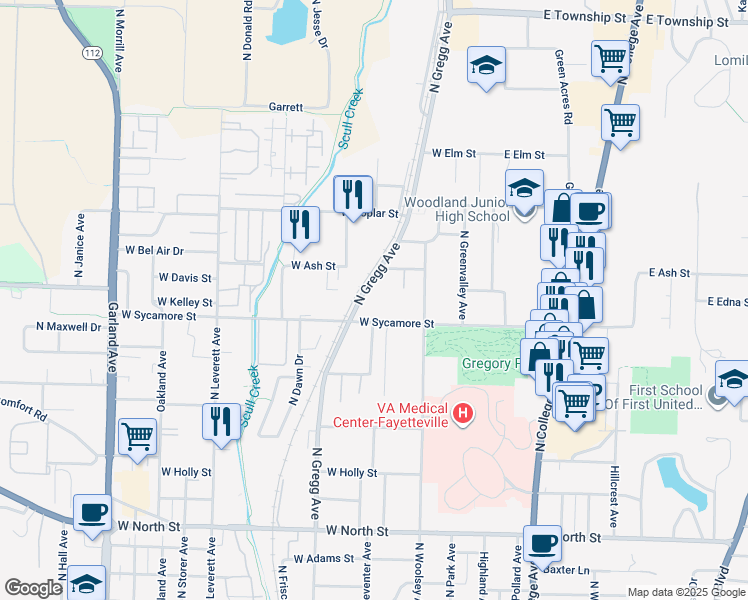 map of restaurants, bars, coffee shops, grocery stores, and more near 1740 North Gregg Avenue in Fayetteville