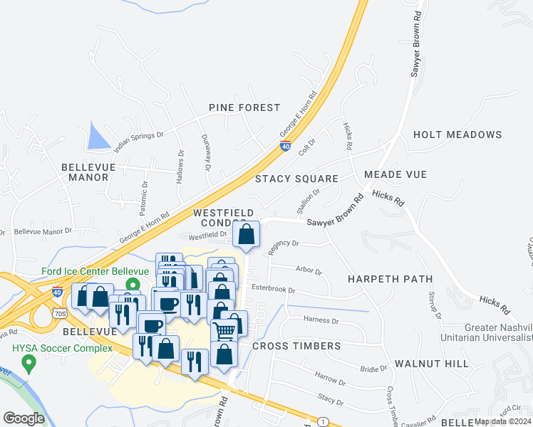 map of restaurants, bars, coffee shops, grocery stores, and more near 266 New Sawyer Brown Road in Nashville