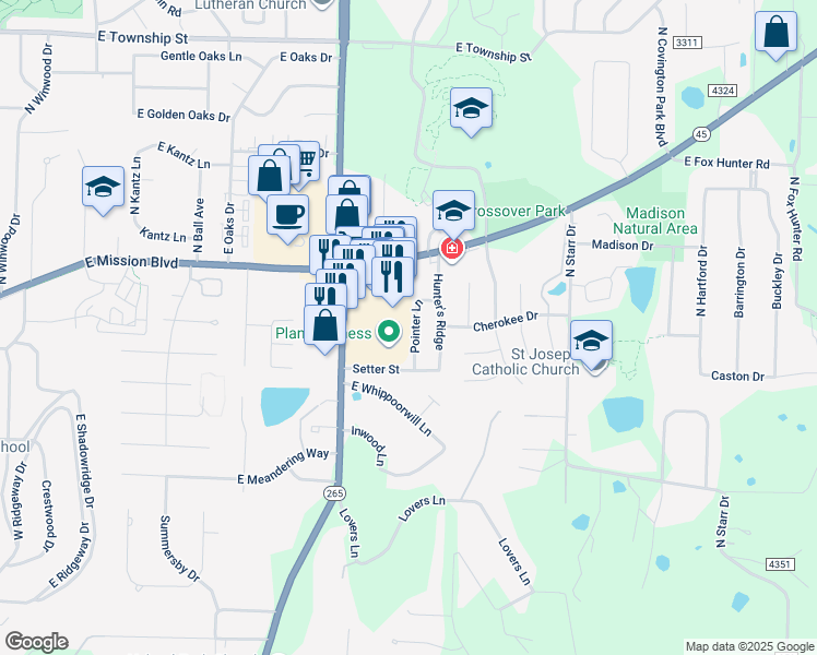 map of restaurants, bars, coffee shops, grocery stores, and more near 1799 Pointer Lane in Fayetteville