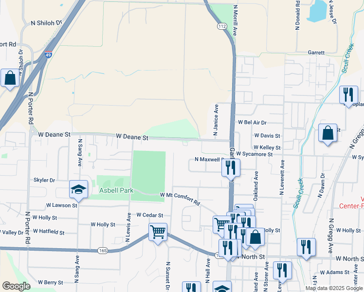 map of restaurants, bars, coffee shops, grocery stores, and more near 1421 West Deane Street in Fayetteville