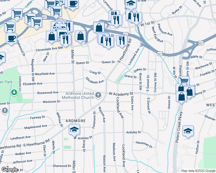 map of restaurants, bars, coffee shops, grocery stores, and more near 519 South Hawthorne Road in Winston-Salem