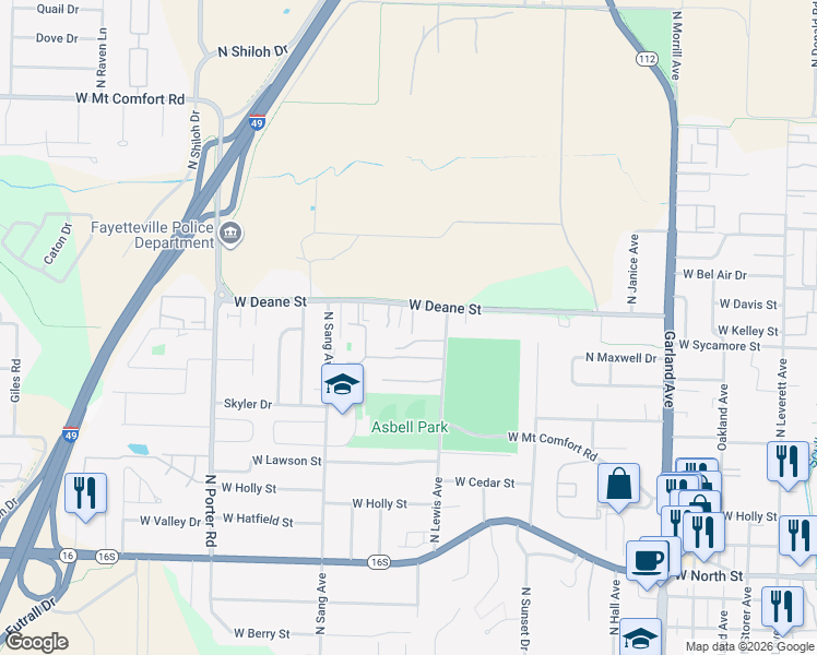 map of restaurants, bars, coffee shops, grocery stores, and more near 1831 West Deane Street in Fayetteville
