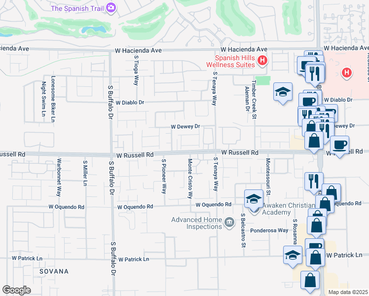 map of restaurants, bars, coffee shops, grocery stores, and more near 7493 Delemont Avenue in Las Vegas