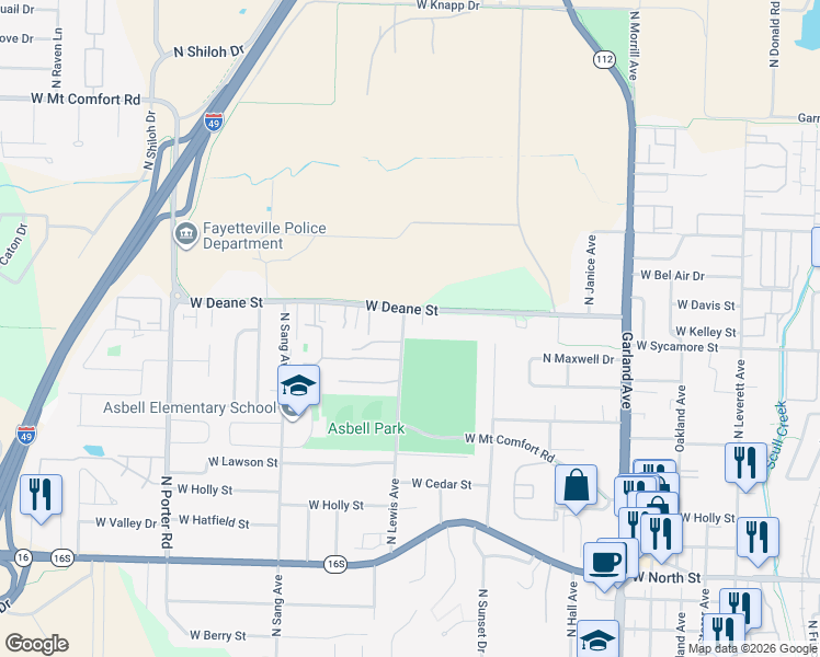 map of restaurants, bars, coffee shops, grocery stores, and more near 1716 North Lewis Avenue in Fayetteville