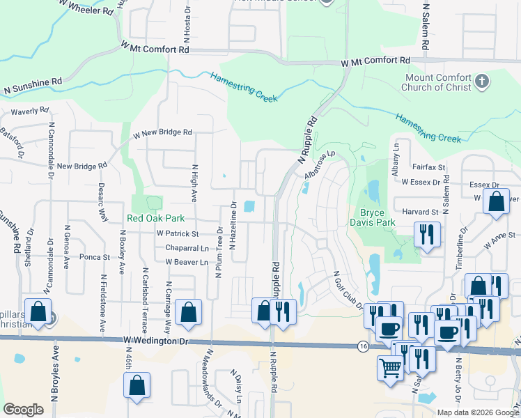 map of restaurants, bars, coffee shops, grocery stores, and more near 1677 North Oakhaven Place in Fayetteville