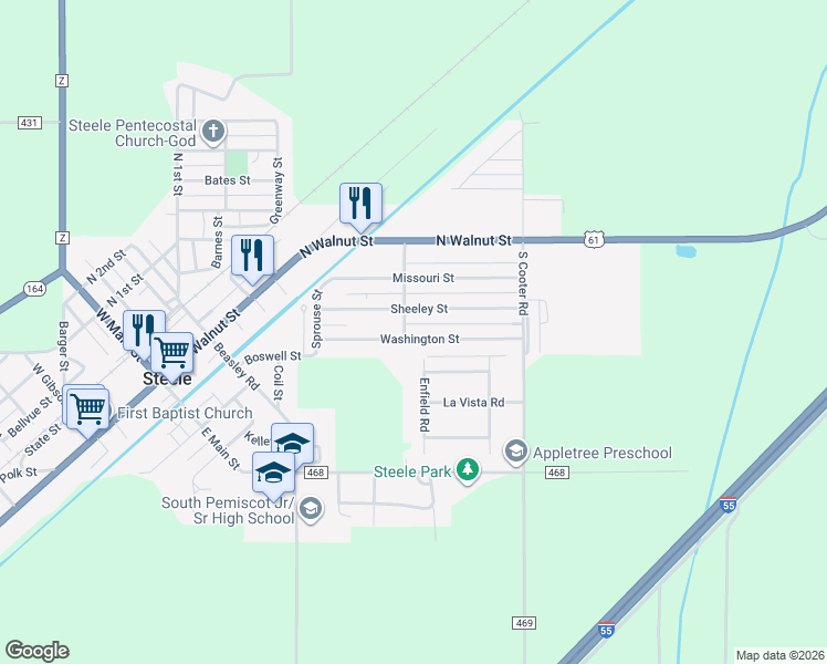 map of restaurants, bars, coffee shops, grocery stores, and more near 317 Washington Street in Steele