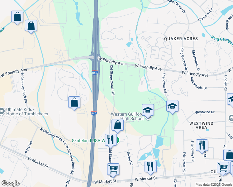 map of restaurants, bars, coffee shops, grocery stores, and more near 502 Stage Coach Trail in Greensboro