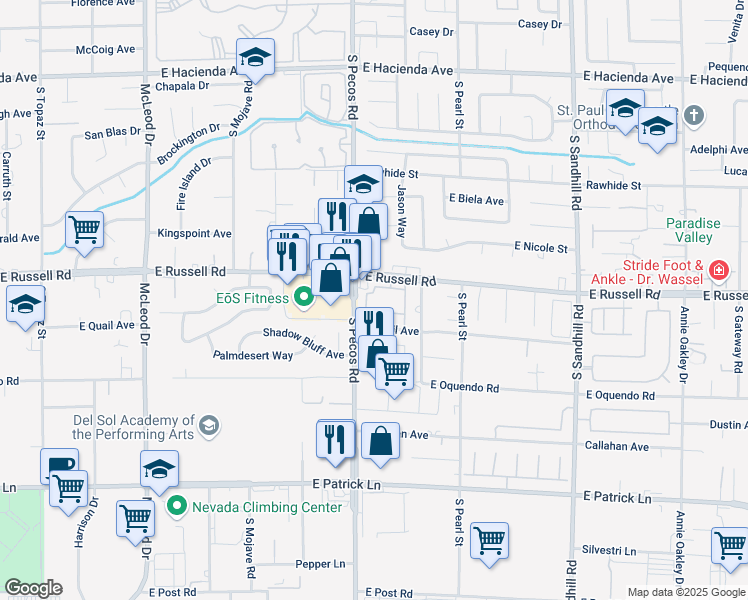 map of restaurants, bars, coffee shops, grocery stores, and more near 3425 East Russell Road in Las Vegas