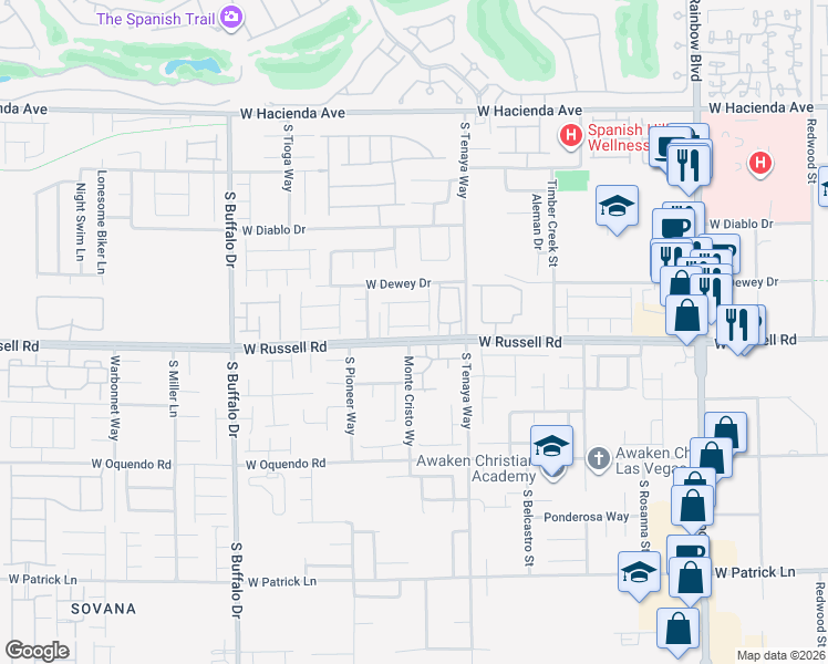 map of restaurants, bars, coffee shops, grocery stores, and more near 7316 West Russell Road in Las Vegas