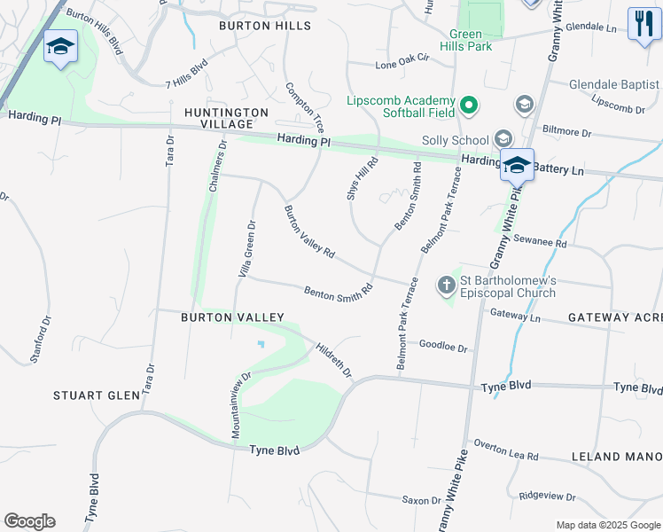map of restaurants, bars, coffee shops, grocery stores, and more near 1325 Burton Valley Road in Nashville