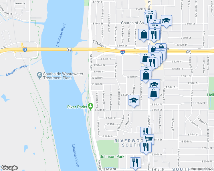 map of restaurants, bars, coffee shops, grocery stores, and more near 112 East 54th Street in Tulsa