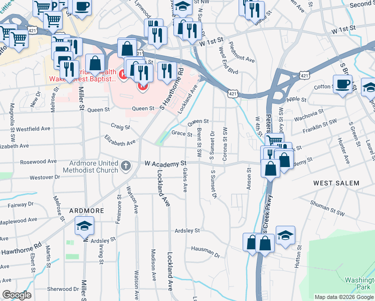 map of restaurants, bars, coffee shops, grocery stores, and more near 1802 Elizabeth Avenue in Winston-Salem