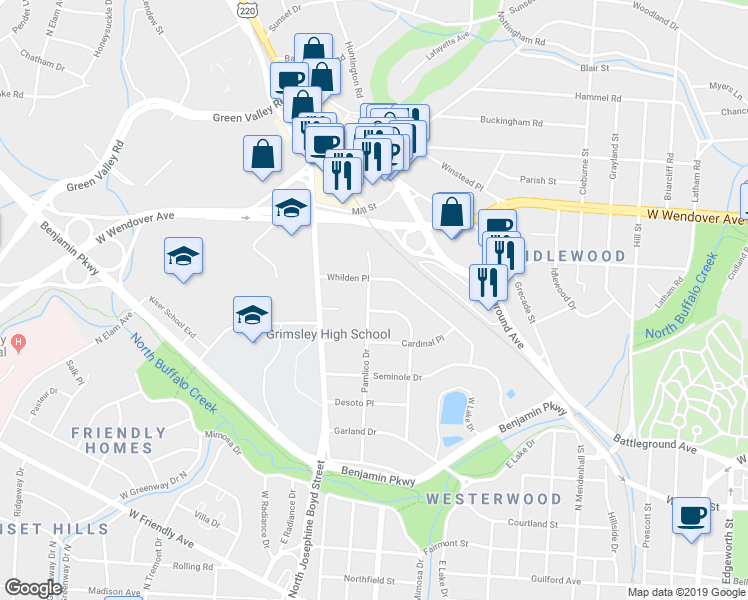 map of restaurants, bars, coffee shops, grocery stores, and more near 1102 Pamlico Drive in Greensboro