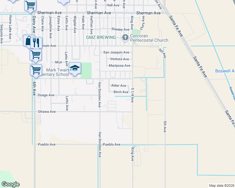 map of restaurants, bars, coffee shops, grocery stores, and more near 1029 Birch Avenue in Corcoran