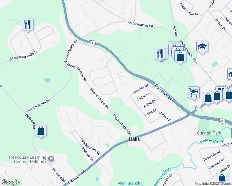map of restaurants, bars, coffee shops, grocery stores, and more near 7509 Mistywood Road in Knoxville