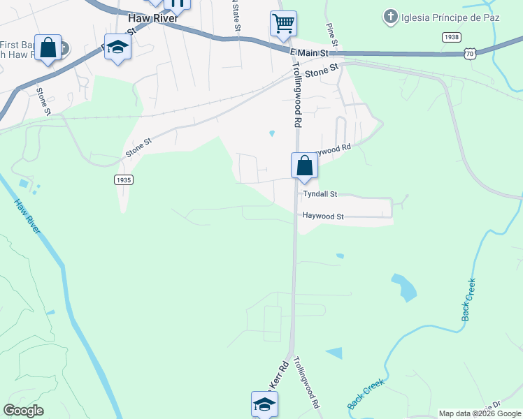 map of restaurants, bars, coffee shops, grocery stores, and more near 401-499 Fran Drive in Haw River