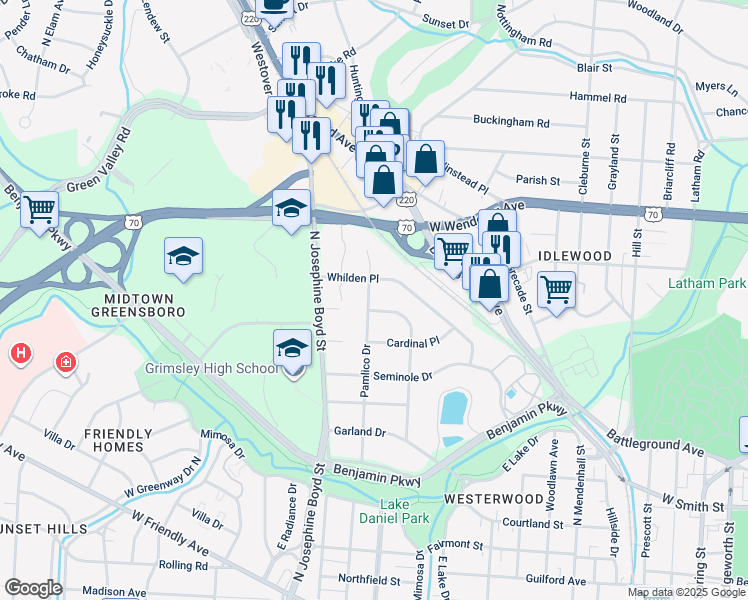 map of restaurants, bars, coffee shops, grocery stores, and more near 1102 Pamlico Drive in Greensboro