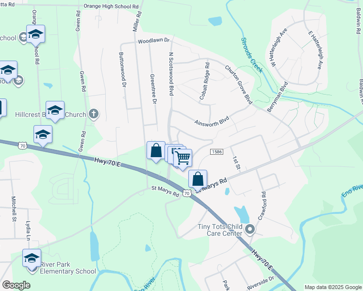 map of restaurants, bars, coffee shops, grocery stores, and more near 3202 Bartlett Circle in Hillsborough