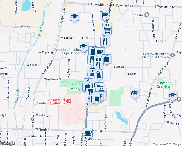 map of restaurants, bars, coffee shops, grocery stores, and more near 1747 North College Avenue in Fayetteville