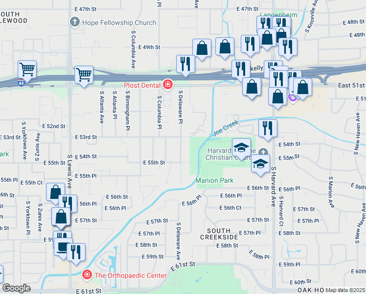 map of restaurants, bars, coffee shops, grocery stores, and more near 5325 South Delaware Place in Tulsa