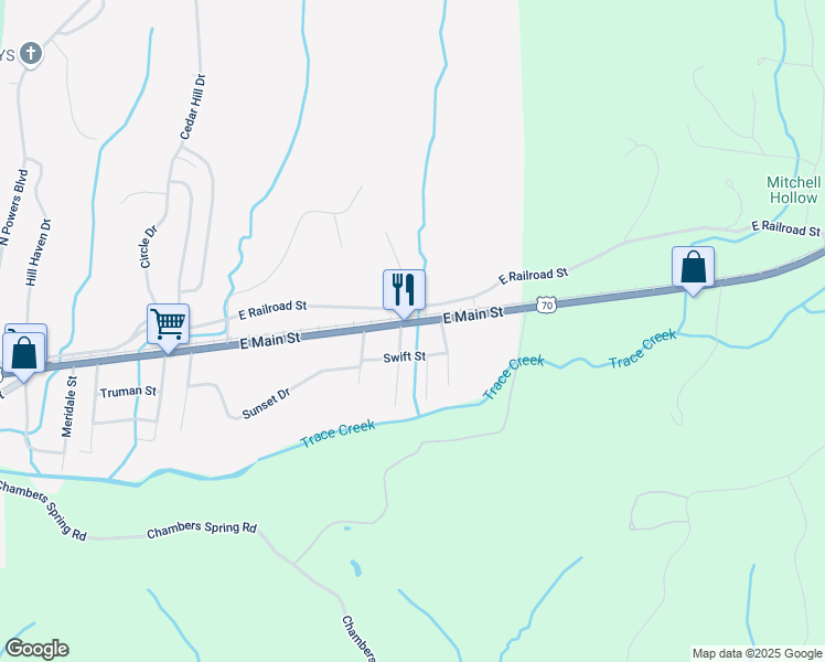 map of restaurants, bars, coffee shops, grocery stores, and more near 1214 East Main Street in Waverly