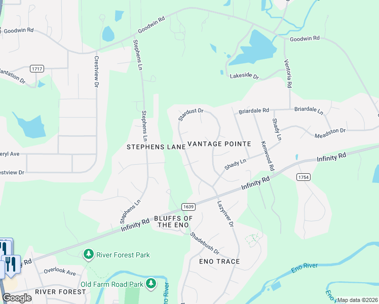 map of restaurants, bars, coffee shops, grocery stores, and more near 5206 Stardust Drive in Durham