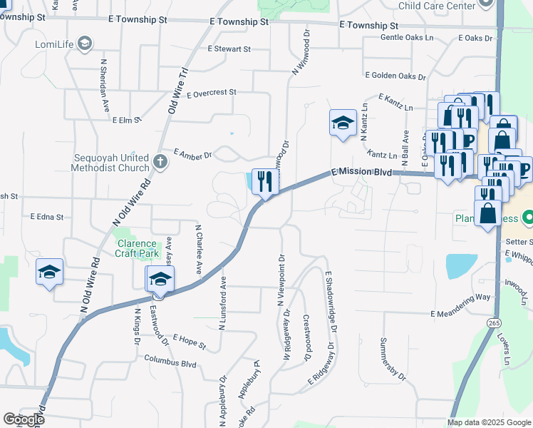 map of restaurants, bars, coffee shops, grocery stores, and more near 1729 East Mission Boulevard in Fayetteville