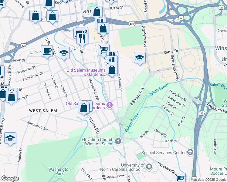 map of restaurants, bars, coffee shops, grocery stores, and more near 800 South Main Street in Winston-Salem
