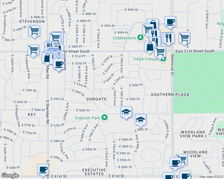 map of restaurants, bars, coffee shops, grocery stores, and more near 7164 East 53rd Place in Tulsa