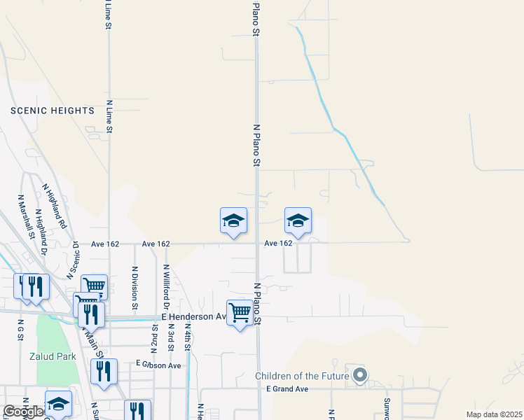 map of restaurants, bars, coffee shops, grocery stores, and more near 1090 North Plano Street in Porterville