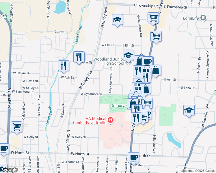 map of restaurants, bars, coffee shops, grocery stores, and more near 1750 North Woolsey Avenue in Fayetteville